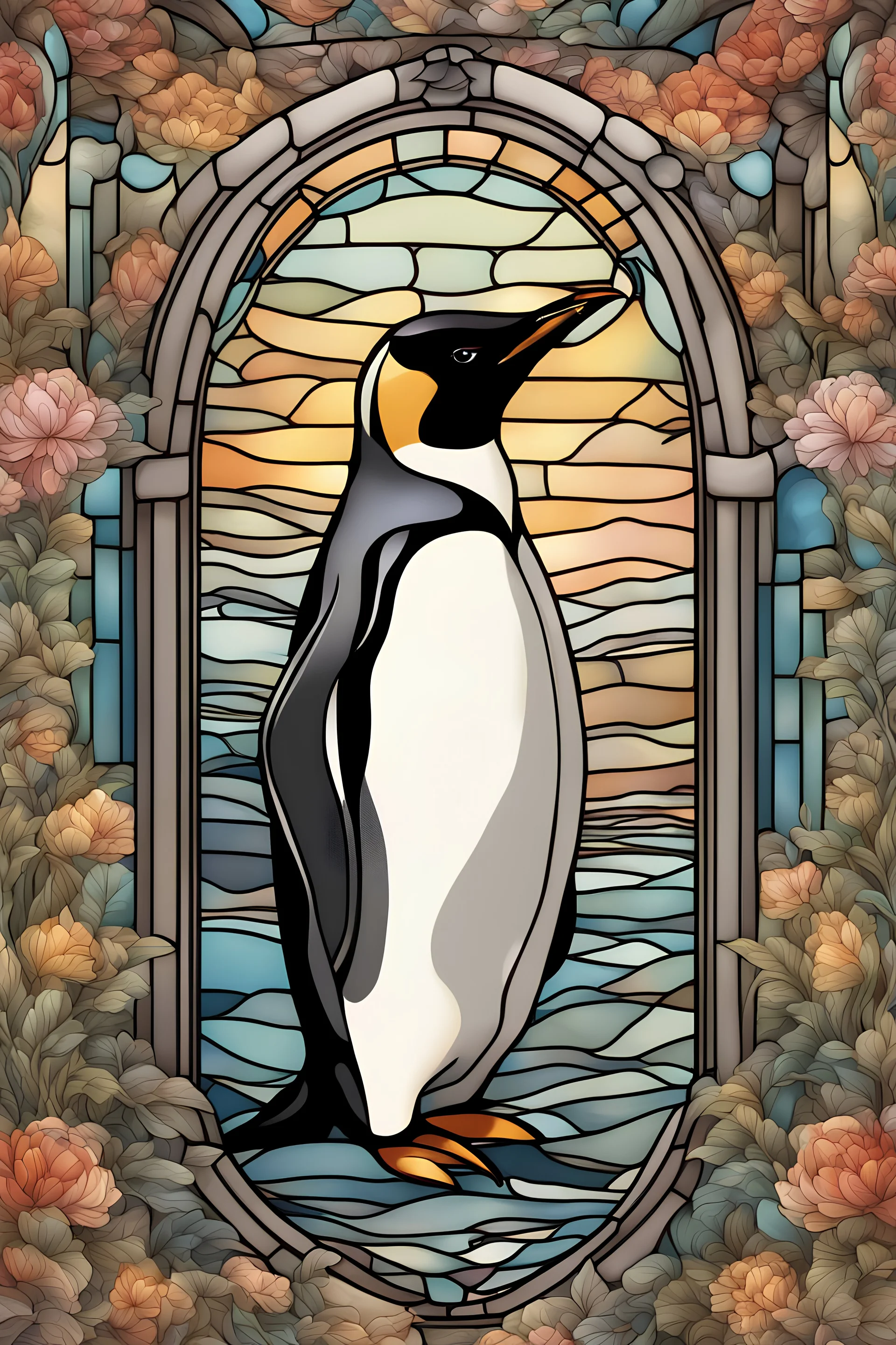 stained glass window design of an overwhelmingly penguin framed with vector flowers, long shiny, wavy flowing hair, polished, ultra-detailed vector floral illustration mixed with hyper realism, muted pastel colours, vector floral details in the background, muted colours, hyper-detailed ultra intricate overwhelming realism in a detailed complex scene with magical fantasy atmosphere, no signature, no watermark