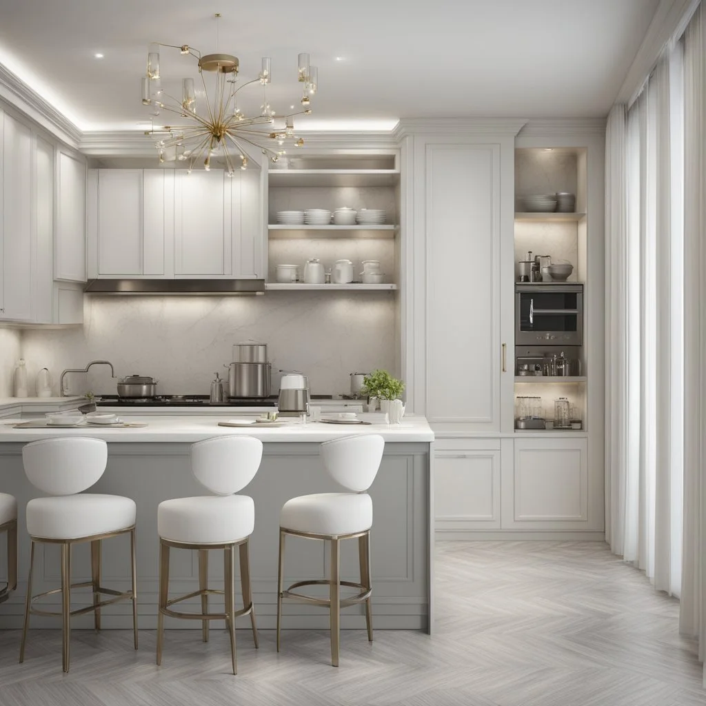 hotel kitchen, modern classic style, white colors, 3d