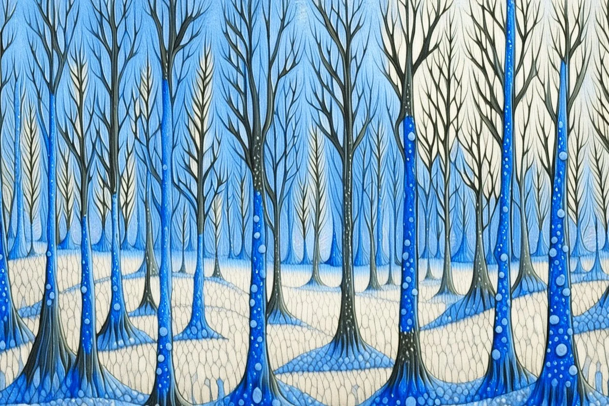 Winter trees elegant fantasy intricate art deco fantasy watercolor mystic Paul Klee Tim burton Yacek Yerka dee Nickerson snow winter cold season simple design