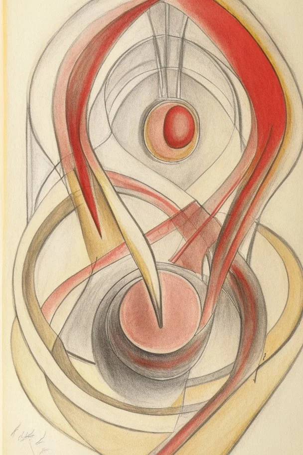 Pencil drawing and watercolour by Barbara Hepworth red grey and gold
