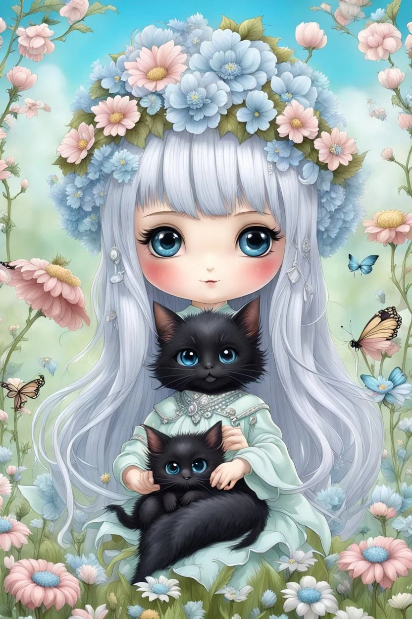 cute happy fairy girl with rounded (blue eyes), big long silver hair, a tiny black fluffy kitty sitting on her hat, chibi 3d anime character, detailed, fantasy style, nice picture in the big meadow with pale colors flowers