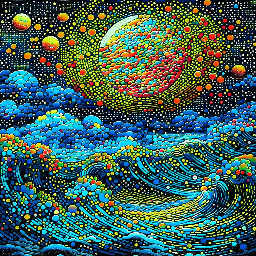 Pointillist artwork. Medium shot. Animated waves and storm clouds partially occlude the huge moon in a nighttime sea storm. Wide angle lens. Mikalojus Konstantinas Ciurlionis inspired pointillism with Miriam Schapiro's vibrant colors. Geometric shapes and patterns reminiscent of Naomi Okubo's style. Screen print textures and pop art aesthetic. Triadic colors with blue, yellow, and red hues. Golden hour glow with symmetrical composition. 8k resolution, highly detailed, trending on Artstation, fol
