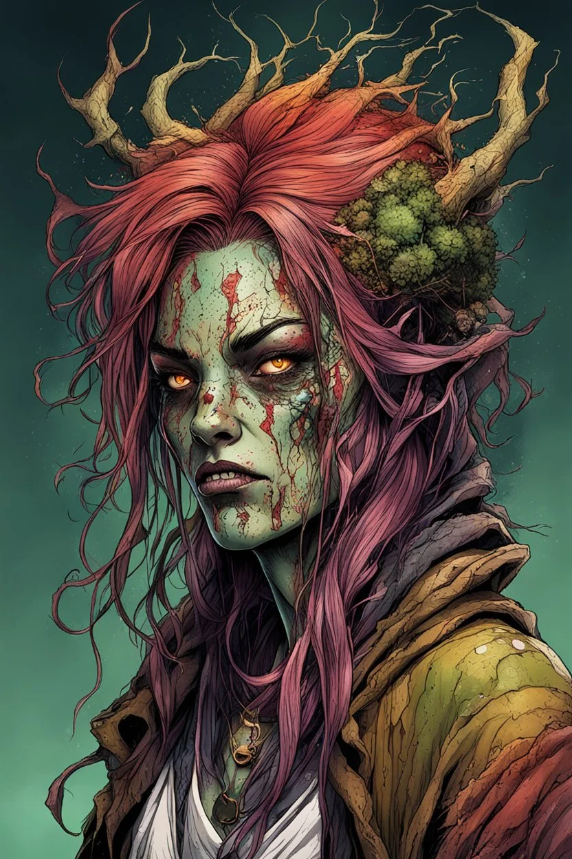 highly detailed full color, concept illustration of a haggard, world weary, female druid anti heroine character , maximalist, sharp focus, highest resolution, in the styles of Alex Pardee, Denis Forkas , and Masahiro Ito, boldly inked, 8k, coarse, gritty textures