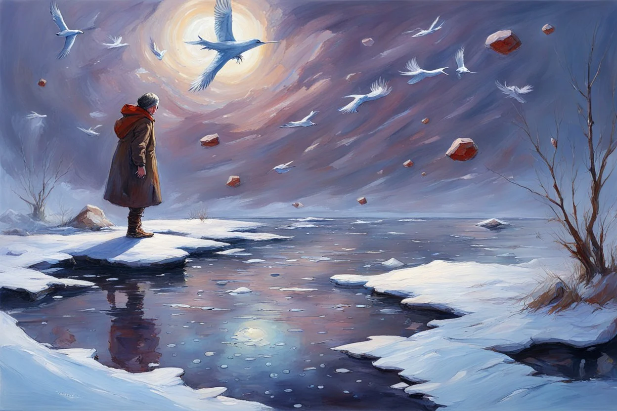 Gems and precious stones, little puddle, space, person, ice, winter, flying birds, fantasy, john singer sangent impressionisn painting