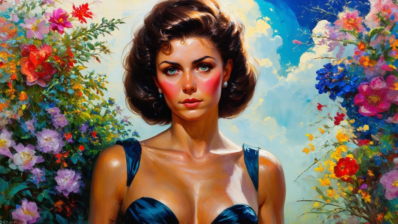 beautiful girl ,mugshot, Planet of the Vulcans, multicolored, large, floral designs, atmospheric, beautiful, oil painting by Frank Frazetta, 4k UHD, Photorealistic, professional quality
