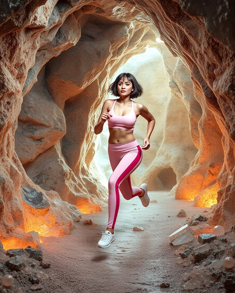 make a picture pretty crystal cave covered with jwellary and 3d recursive cubic and sphere base pearls and a beautiful fashion model lady with cute,bob hair,makeup, in pretty sports suit is running inside cave ,dynamic camera fallow her inside cave capturing full body, dynamic lights.