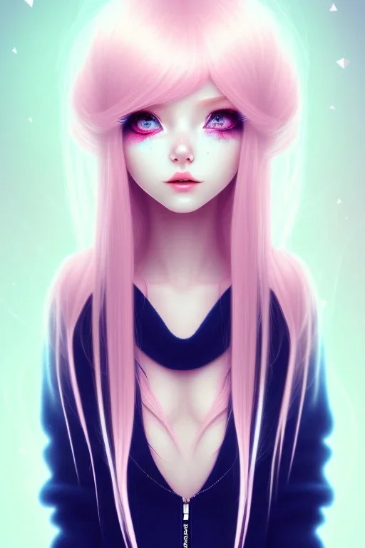 girl, cute, beautiful, big nose, pink hair, long hair, blue eyes, black sweater, bloody, long eyelashes, crazy face, lazy eye, yandere