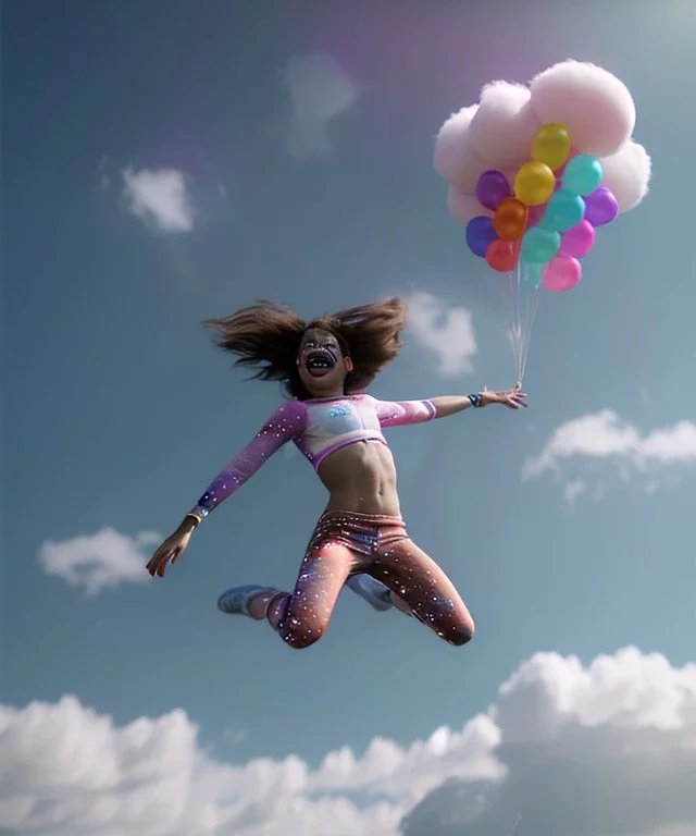 Ultra realistic speed clouds sky scene, wide angle view, sweet childs falling down, inflatable color clothing, free jumping flying, many trinkets, hair monster, many jelly beans, balls, color smoke, smile, happy, circus style, extreme, wind, clouds sea, 20,000 feet altitude, stratosphere, soft color, highly detailed, unreal engine 5, ray tracing, RTX, lumen lighting, ultra detail, volumetric lighting, 3d, finely drawn, high definition, high resolution.