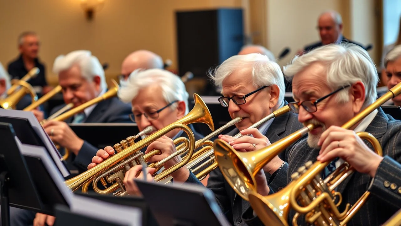 Elderly pensioners playing brass instruments in an orchestra. Photographic quality and detail, award-winning image, beautiful composition.