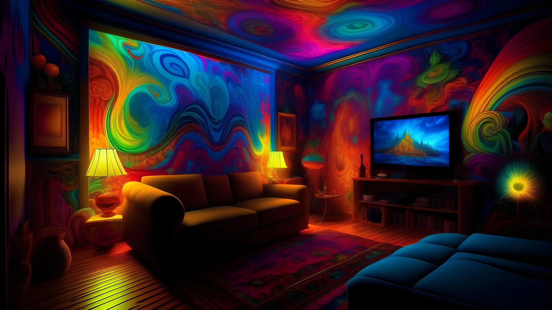 a digital artwork depicting vibrant psychedelic effects [emanating from every corner] of a cozy living room in a modern house, abstract, trippy, colorful, surreal, fantastical, mind-bending, vibrant colors, swirling patterns, dreamlike atmosphere, neon lights, glowing walls, hallucinatory, otherworldly, ethereal, immersive, immersive art installation, futuristic, digital art, 4k resolution