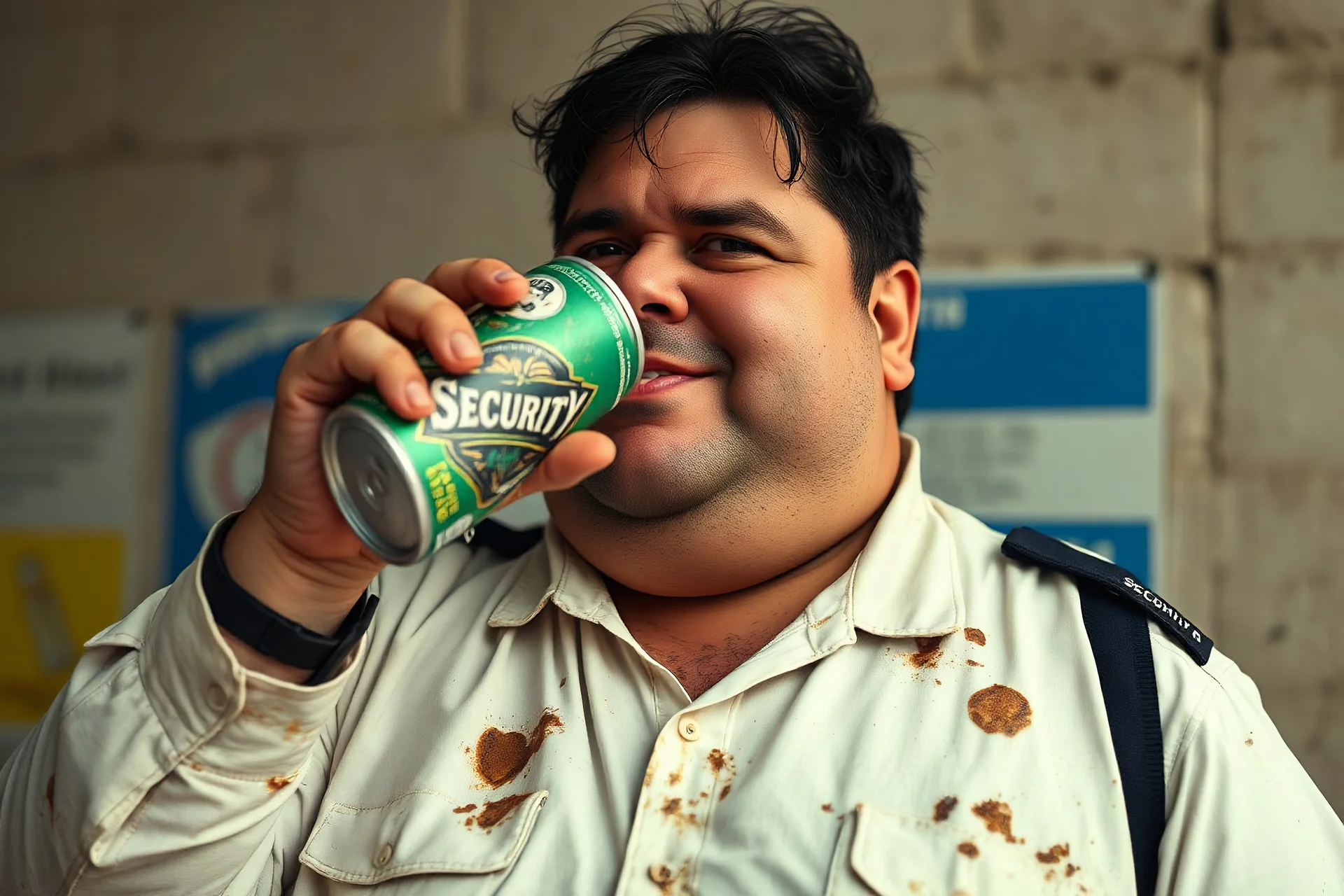 Cree l image d un agent de sécurité obese et sale. Il porte une chemise blanche tachée et boit une cannette de la marque monster. Il a des cheveux noirs hirsutes. 4k realiste. Il est très sale, il sent mauvais. Il sourit betement. Il a bu beaucoup d alcool la veille. Il est débraillé