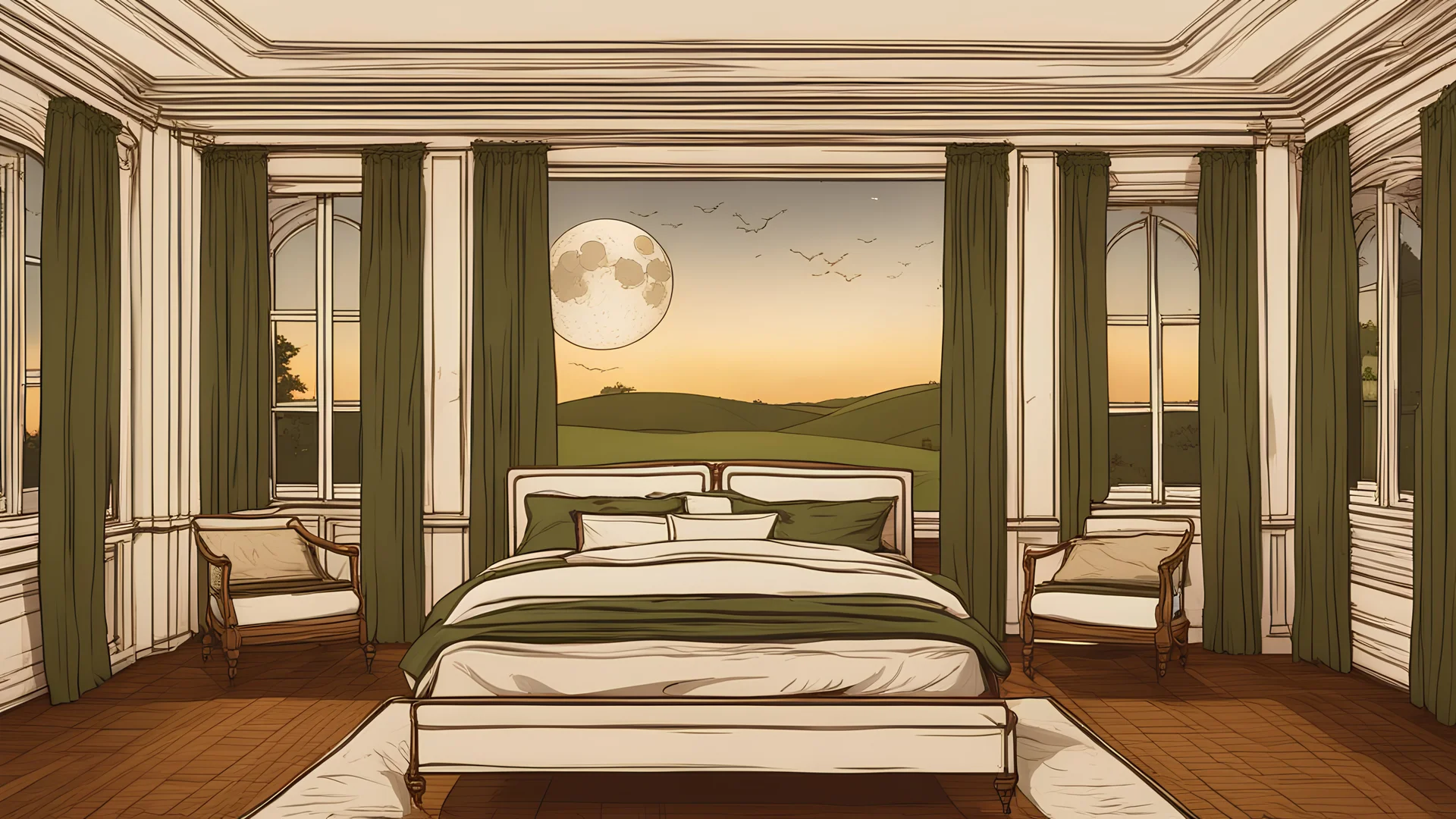 Night scene: On the right side is a row of tall, luxurious and elegant windows with rich details. Outside the window is a green, slightly higher grassland, which looks even more mysterious under the moonlight at night. Inside the window is a warm and comfortable room with wood grain floors. On the left side of the room is a luxurious and warm white bed with bedside lamps on both sides of the bed. There are five brightly colored, beautiful, high-quality and comfortable wooden sofa chairs in the r