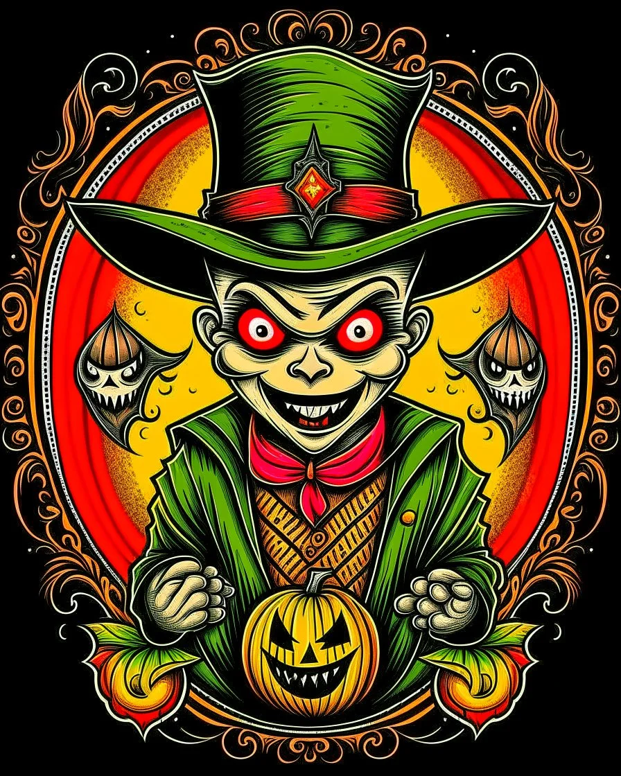 Vintage Trick or Treater tattoo design, traditional tattoo style, t-shirt design, fantasy art, digital painting, clean dark background, 8K