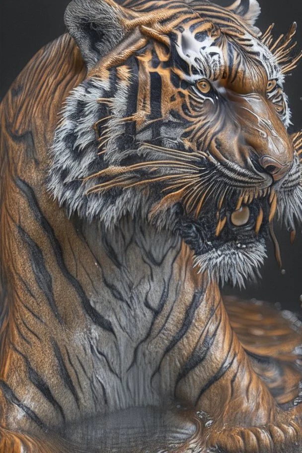 a full grown hyper-realisitc tiger melting like wax, hyper-realistic natural form, full body, highly detailed melting details, emotional expression, detailed emotions, hyper detailed melting of the animal to the ground, engraved fur details, anatomically correct animal, dark colour tone, epic colour treatment, cinematic colour treatment, meticulously intricate perfectly symmetrical extremely detailed, pixiv daily ranking, pixiv, extreme depth of field, artstation, sculpture style, spec