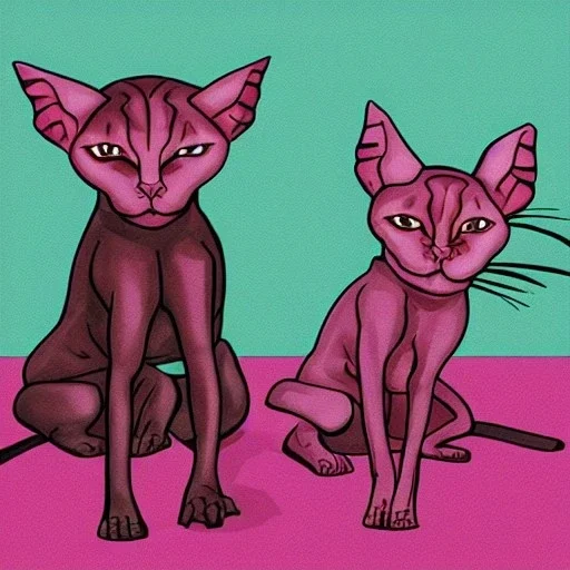 sphynx cats playing with coloured balls of yarn in comicbook style