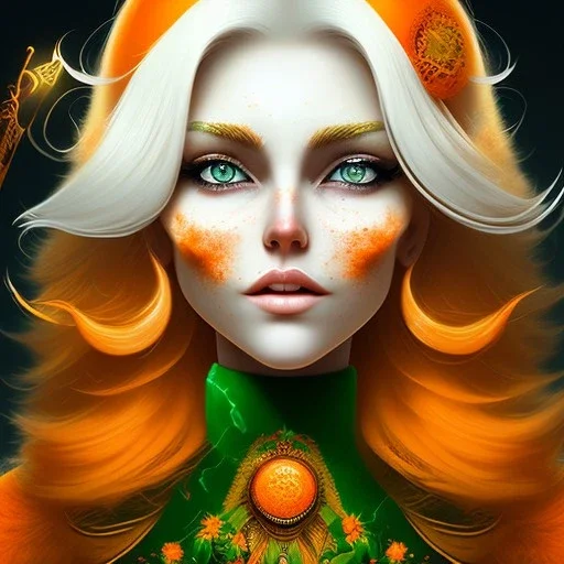 fantasy setting, woman, orange and white hair, wavy hair, freckles, ranger, more orange hair, more white hair, green eyes, more white hair