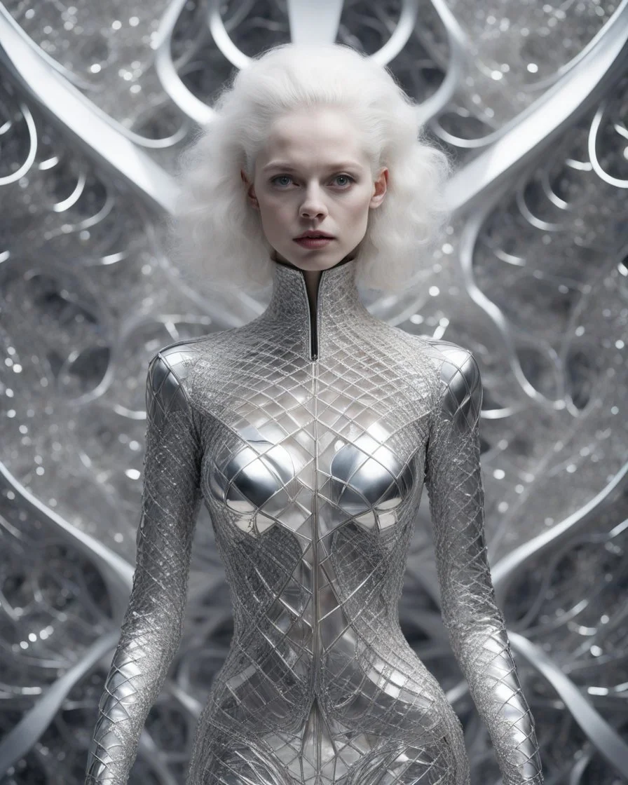 A mesmerizing fusion of intimate abstraction and surreal futurism, depicting a striking female albino figure adorned in a breathtaking silver chrome-scaled suit. The intricate structure of the suit echoes the hyper-fractal nature of a coherent hyper-position lattice, creating a dynamic interplay of light and form that seems almost otherworldly. Her presence is both mysterious and seductive, yet tinged with an innocent vulnerability, as she gazes outward with an expression of deep longing. Ether