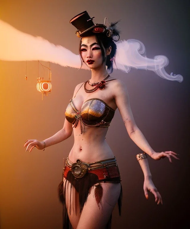 Surreal, steampunk , , cabaret scene. Geisha Asian woman. Birds, Feather, smoking, happy, hot, color fog, people background, highly detailed, concept art, unreal engine 5, god rays, ray tracing, RTX, lumen lighting, ultra detail, volumetric lighting, 3d, finely drawn, high definition, high resolution.