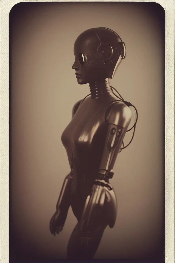 steampunk, vintage analog polaroid of a woman robot, female body, fog, lomography, heavy film grain, night, color bleed, depth of field, bokeh, retro
