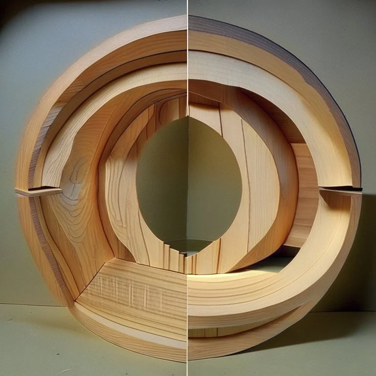 create a circular labryinth of wood, one side entry and opposite side exit, from 45 degree below eye level