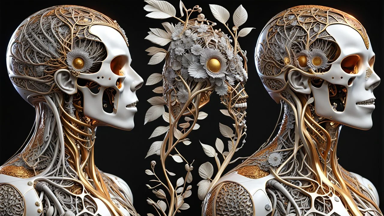 3D rendering of Expressively detailed and intricate of a hyperrealistic “human anatomy”: side view, scientific, single object, glossy white, shinning gold, vines, tribalism, black background, shamanism, cosmic fractals, octane render, 8k post-production, detailled metalic bones, dendritic, artstation: award-winning: professional portrait: atmospheric: commanding: fantastical: clarity: 16k: ultra quality: striking: brilliance: stunning colors: amazing depth