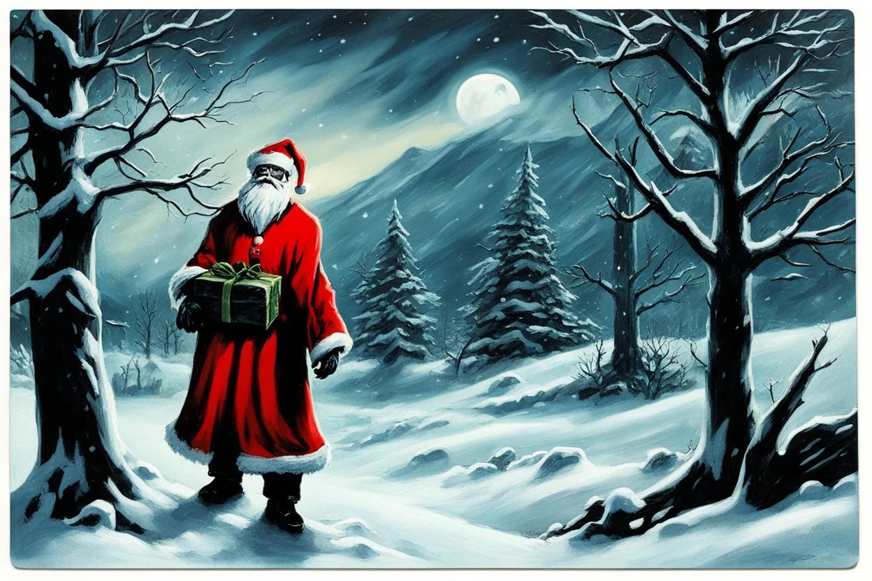 [horror monster series collector cards (1961)] collection "Rare Exports: A Christmas Tale," [Finland 2010] the cold winds howl through the snow-covered landscape. The skeleton Santa Claus stands tall and eerie, a figure of dread rather than joy, as he navigates the crypt filled with haunted gifts, and a ghostly Christmas tree.