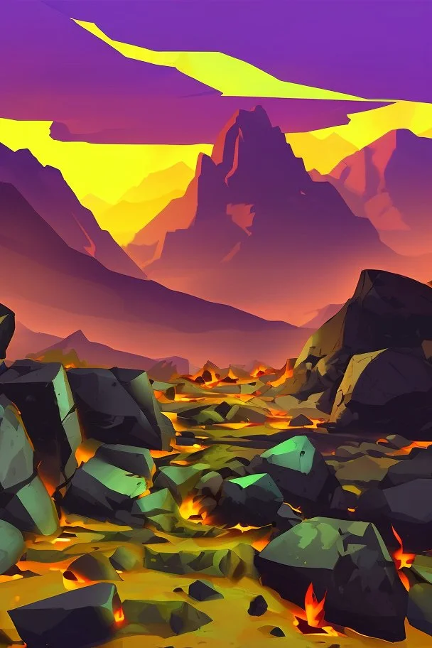 an inferno landscape with rocks cell shading