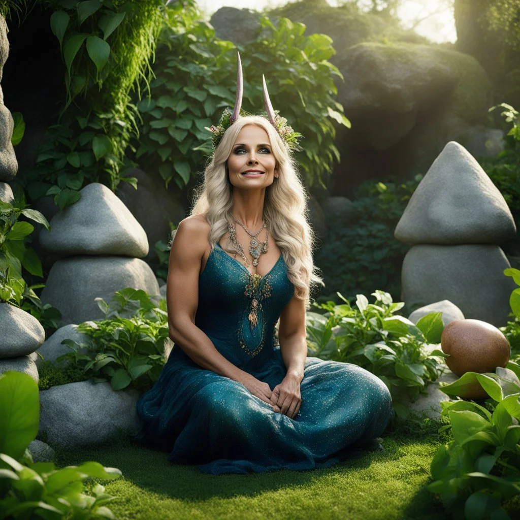 [high res photo centered on gigantic growing plants by Neil Gaiman: Ostara is ready to come, her mouth half open] Kristin Chenoweth as ostara in American gods (2017) the goddess of Easter peacefully sits on a stone in her garden, The plants are too close to her, they wrap themselves around her legs, pushing them apart. Ostara enjoys it, she lets herself be embraced, her head thrown back, her hands on her stomach, surrounded by gold flowers coming from Nicolas de Staël's dreams