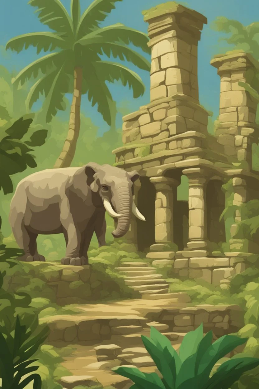 tropical jungle and animals ancient ruins