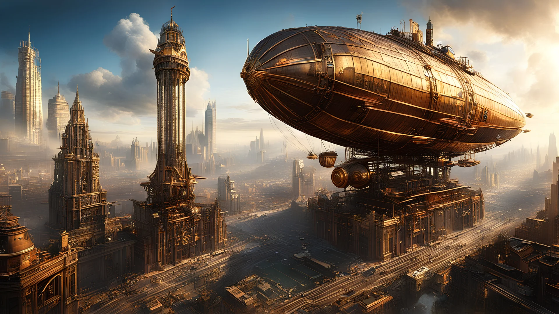 create a render: In a metropolis of steampunk wonders, envision a cityscape where towering skyscrapers of brass and iron pierce the skyline. Glide through this industrial marvel as airships, fueled by the rhythmic hum of mechanical ingenuity, gracefully navigate the spaces between these majestic structures. Inspired by the imaginative flair of Jorge Jacinto, picture a bustling steampunk world where the fusion of Victorian aesthetics and futuristic technology gives rise to a visually stunning urb