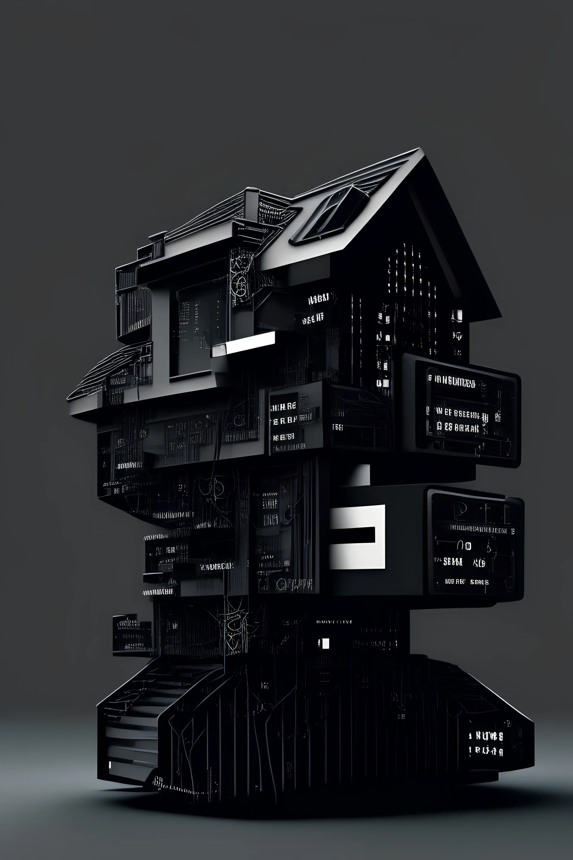 design a black house that is made of computer parts and computer code/