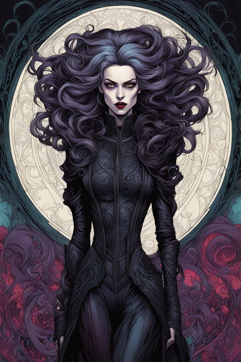 full color full body illustration of a surreal, ethereal, futuristic female vampire time traveler, with highly detailed hair and facial features in the style of Sveta Dorosheva and Travis Charest, detailed and sharply defined line work and bold inking, rich, dark natural color palette, 4k, on an ornate abstract background