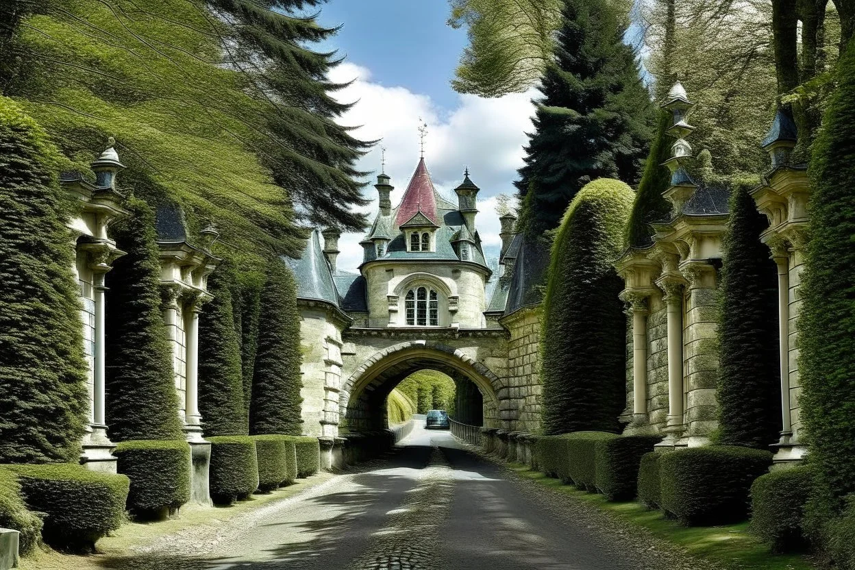 castle driveway over arched with trees