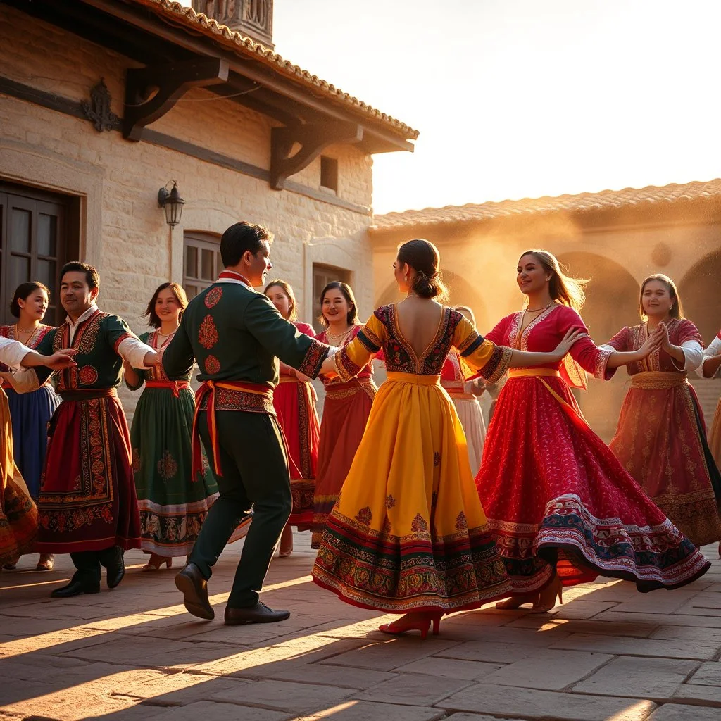 Cinematic shot of a group of Azerbaijani men and women performing the traditional ‘Yalli’ dance in a historical village courtyard. They are holding hands, forming a graceful chain. The dancers are wearing vibrant, authentic Azerbaijani folk costumes with intricate embroidery and silk textures. Golden hour lighting, dust particles dancing in the light, dynamic motion blur to emphasize the rhythmic movement. High detail, 8k resolution, hyper-realistic, photorealistic style, shot on 35mm lens