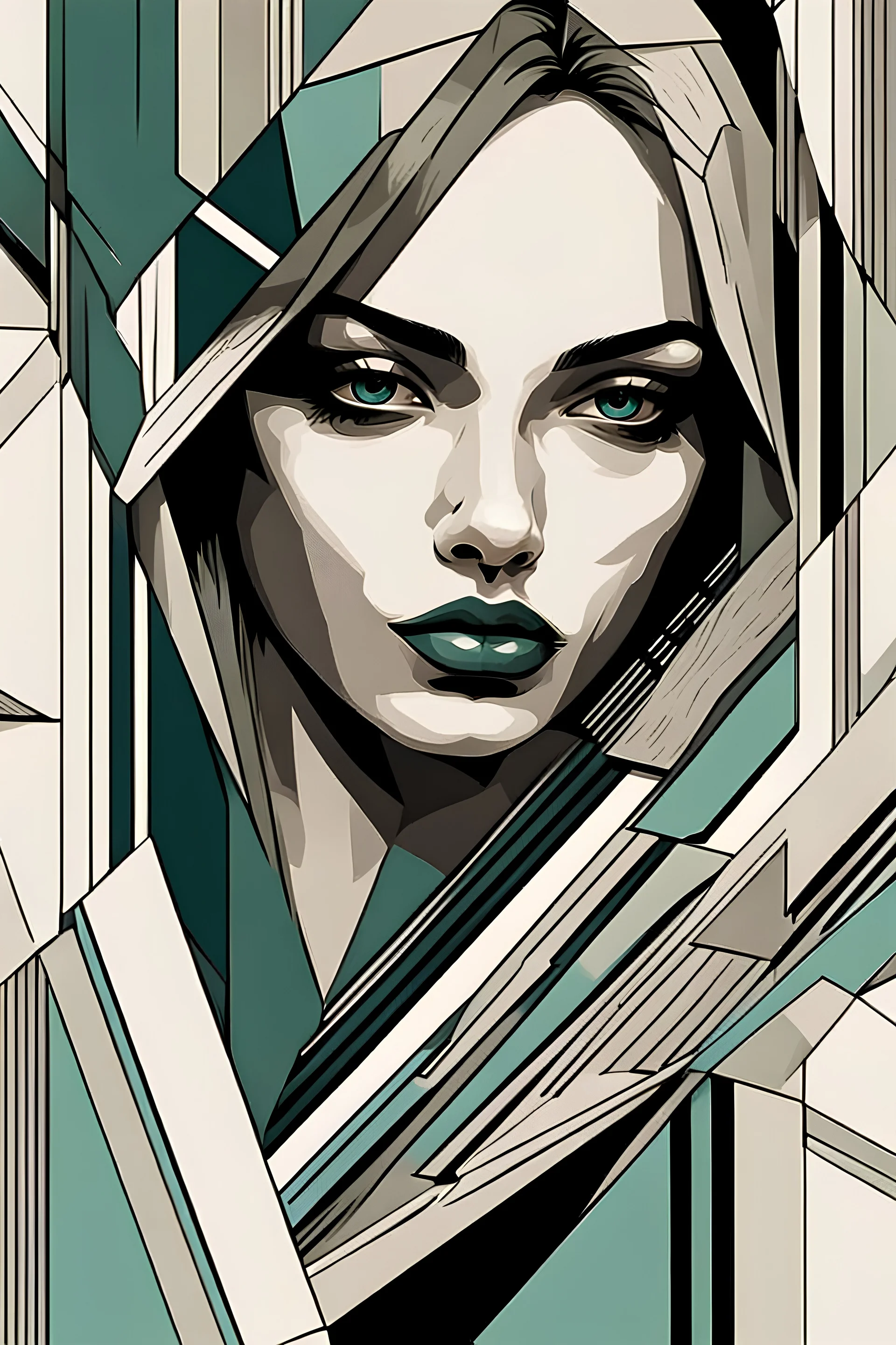 A close-up portrait in a geometric style with hard edges and sharply contrasting colors.