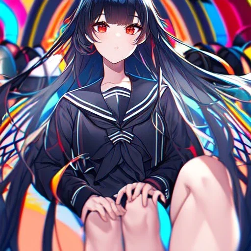 Clear focus, High resolution, long black fluffy hair, red eyes, chopped bangs, wearing a sailor uniform, wearing a sailor skirt, colorful, hollywood, female, human, mortal, thin legs, no outlines, extreme close up