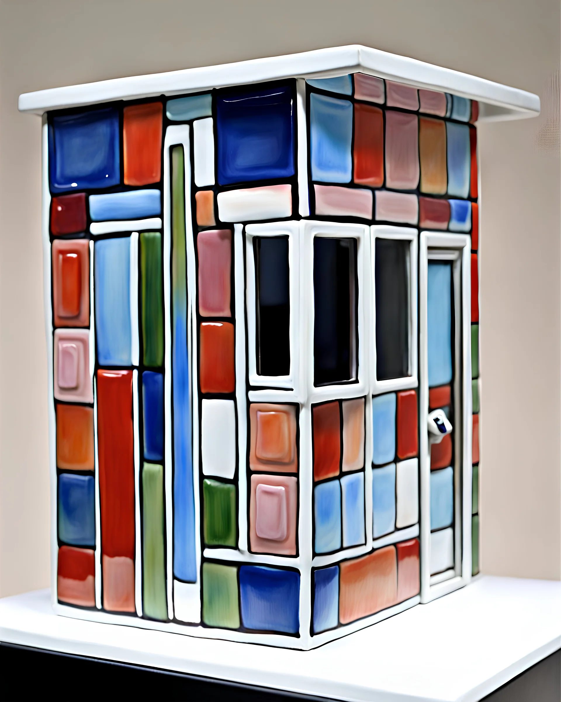 intricate porcelain sculpture of the square vacant street kiosk, circa 2000, painted and glazed ceramics, 7cm height, facade small square window for cash, flat roof, one-story, one-room, silver mean composition, hyper detailed, sophisticated, contemporary urban art gallery, product-focused, sharp focus, inspired by minimalism, Mark Rothko, Marc Chagall, Benetton and gestalt theory
