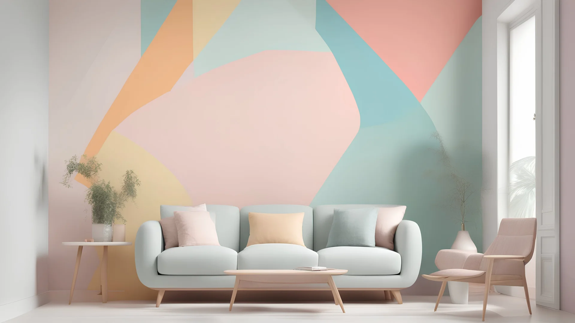 a living room with a couch and a wall mural, modern pastel colours, geometric wallpaper, pastel colours overlap, nordic pastel colors, pastel colourful 3 d, abstract wallpaper design, wallpaper design, abstract geometric, pastel colors only, colourful pastel, pastel bright colors, pastel colours, saturated pastel colors, pastel color theme, rich pastel colors, colorful pastel, pastel soft colors