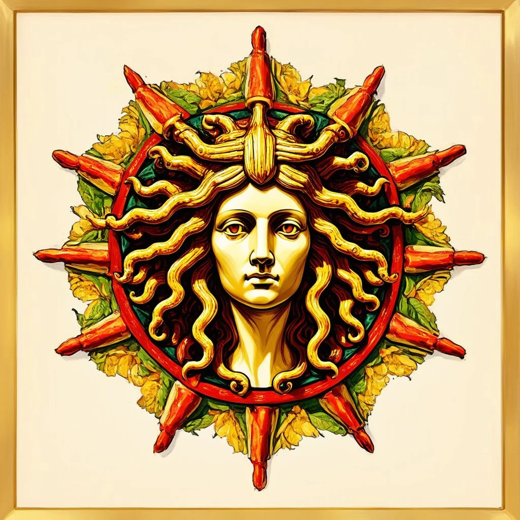 Absolutely, let’s infuse your prompt with vibrant hues! "Symbol of Sicily: The iconic Medusa head at the center offers protection against evil with its piercing gaze. Encircled by three dynamic legs, each representing the ceaseless motion and energy of life on the island. A kaleidoscope of vivid colors—brilliant golds, fiery reds, and lush greens—bring this emblem to life, symbolizing the rich cultural tapestry and natural beauty of Sicily. The warm and harmonious hues evoke the island's sun-so