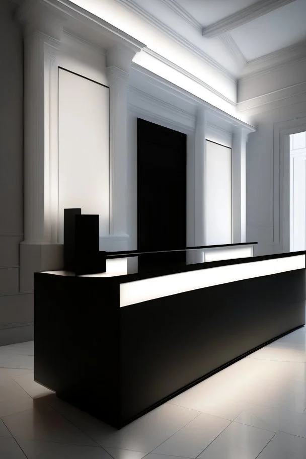 Museum reception desk with black walls, white floor, and hidden or rich lighting