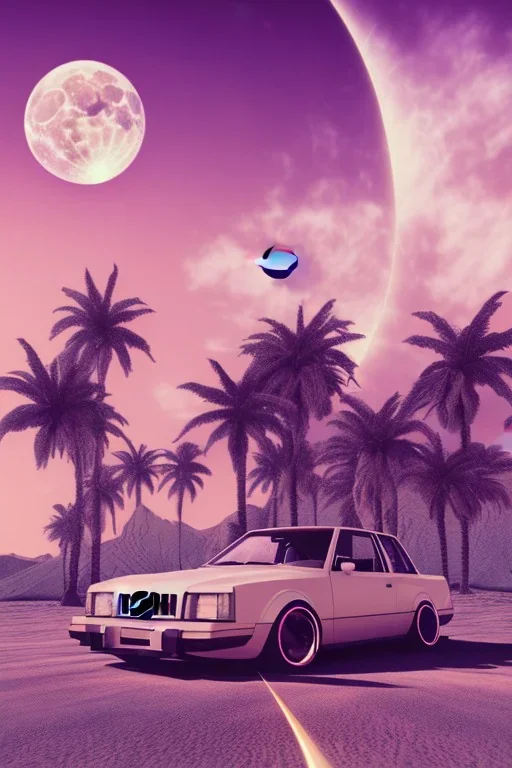 1980's aesthetic vaporwave palm trees with lighting with moon with audi in the desert sand