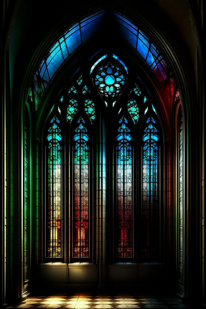 lancet window to the portal, gothic, An Illusion -- mystical haze masterpiece hyperrealism,ultradetalization, panarama, perspective,illustration, clear outline,fantasy,dark fantasy,dark full colors,detailed, bright, colorful, volumetric 9d,noir,background-black,professional photo,high detail,high resolution, realistic,ISO/300.8k,beautiful, 40mm lens,f/3.8,deep detail drawing