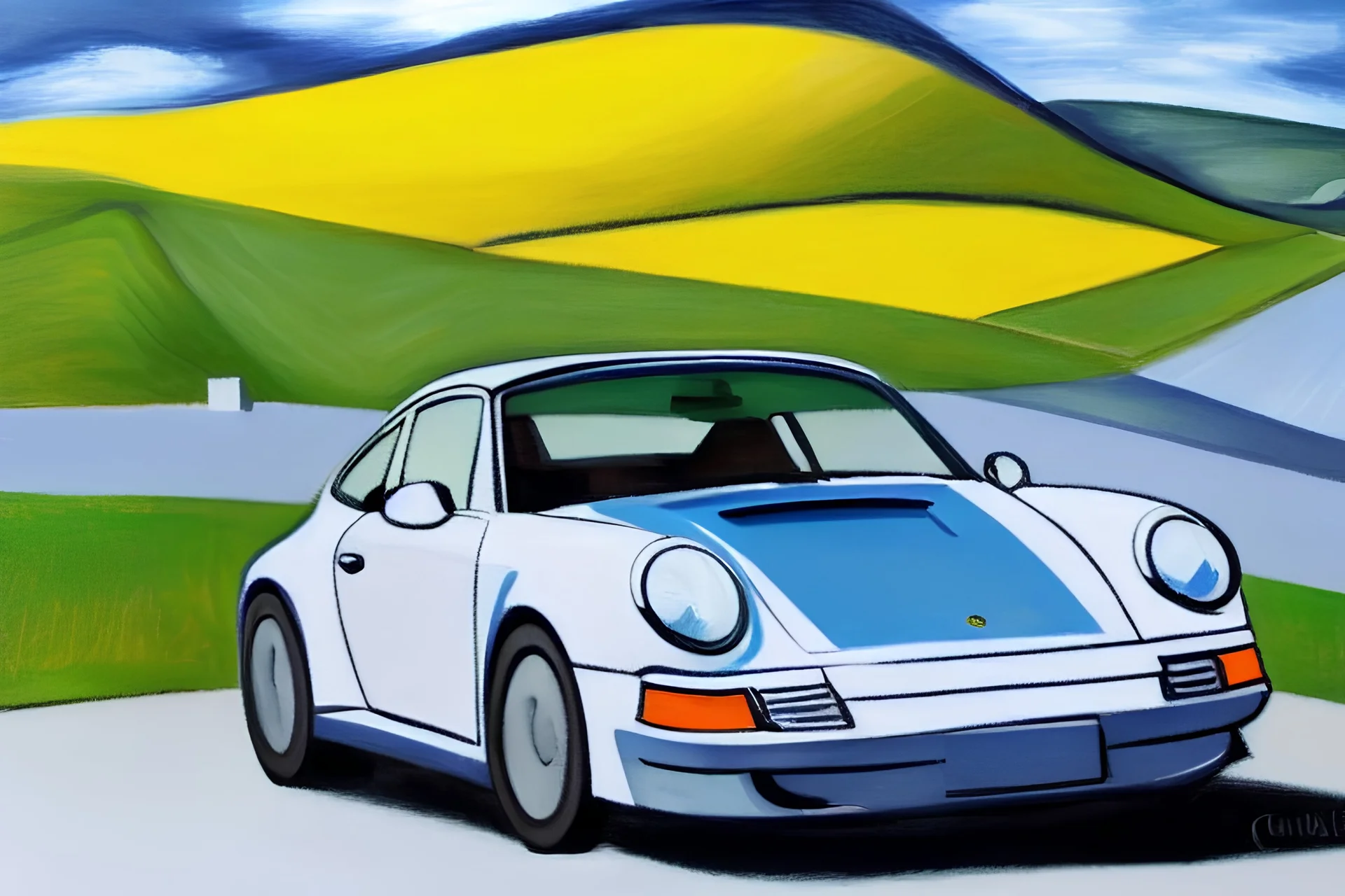  Grey car porche 911,Toscana, blue skies, blue water, clear day, sun, country road, lake como, wide landscape, oil painting, cubism, picasso