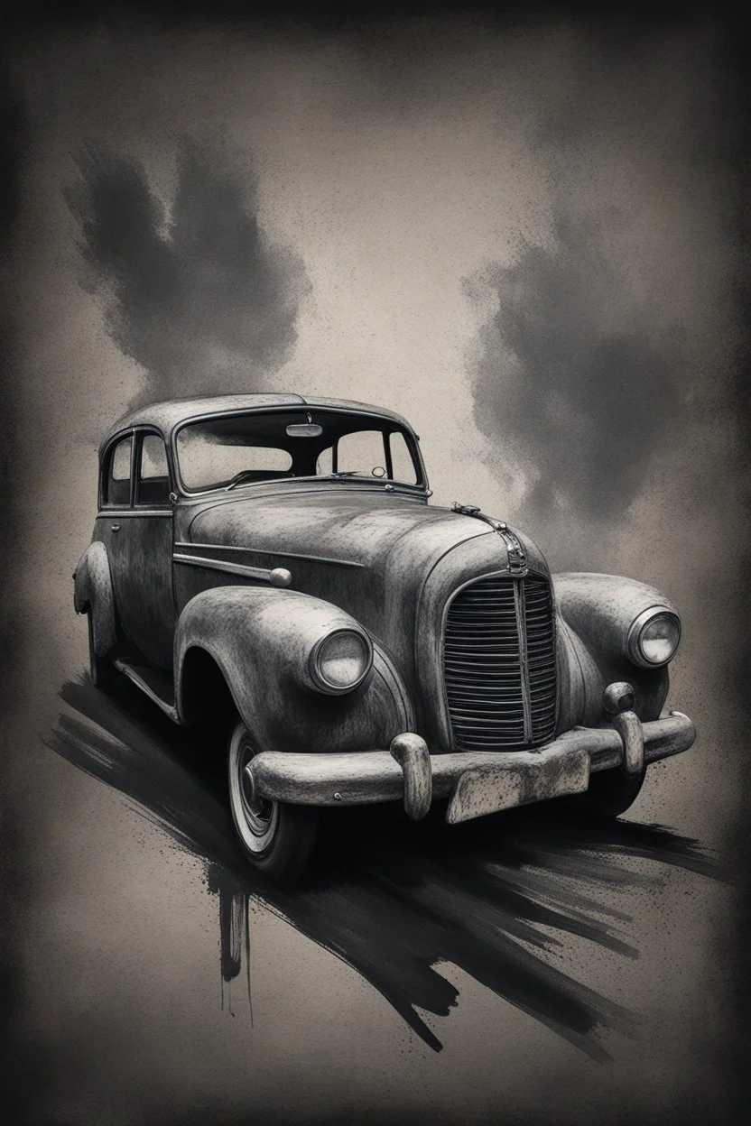 An old automobile , Hyper Realistic Aerial Grungy Dark-Grey Brush strokes on a dark rustic background with charcoals