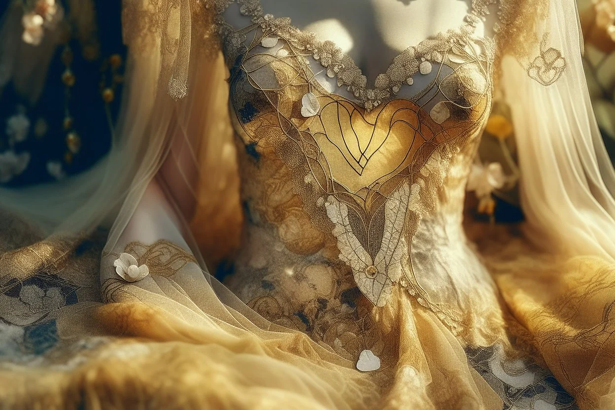 double exposure, merged layers, Beautiful composition of different fabrics, embroidered tulle with jewels, lace and raw pearls, silk, velvet, burlap, double exposure, heart, waterfall, golden glitters in sunshine