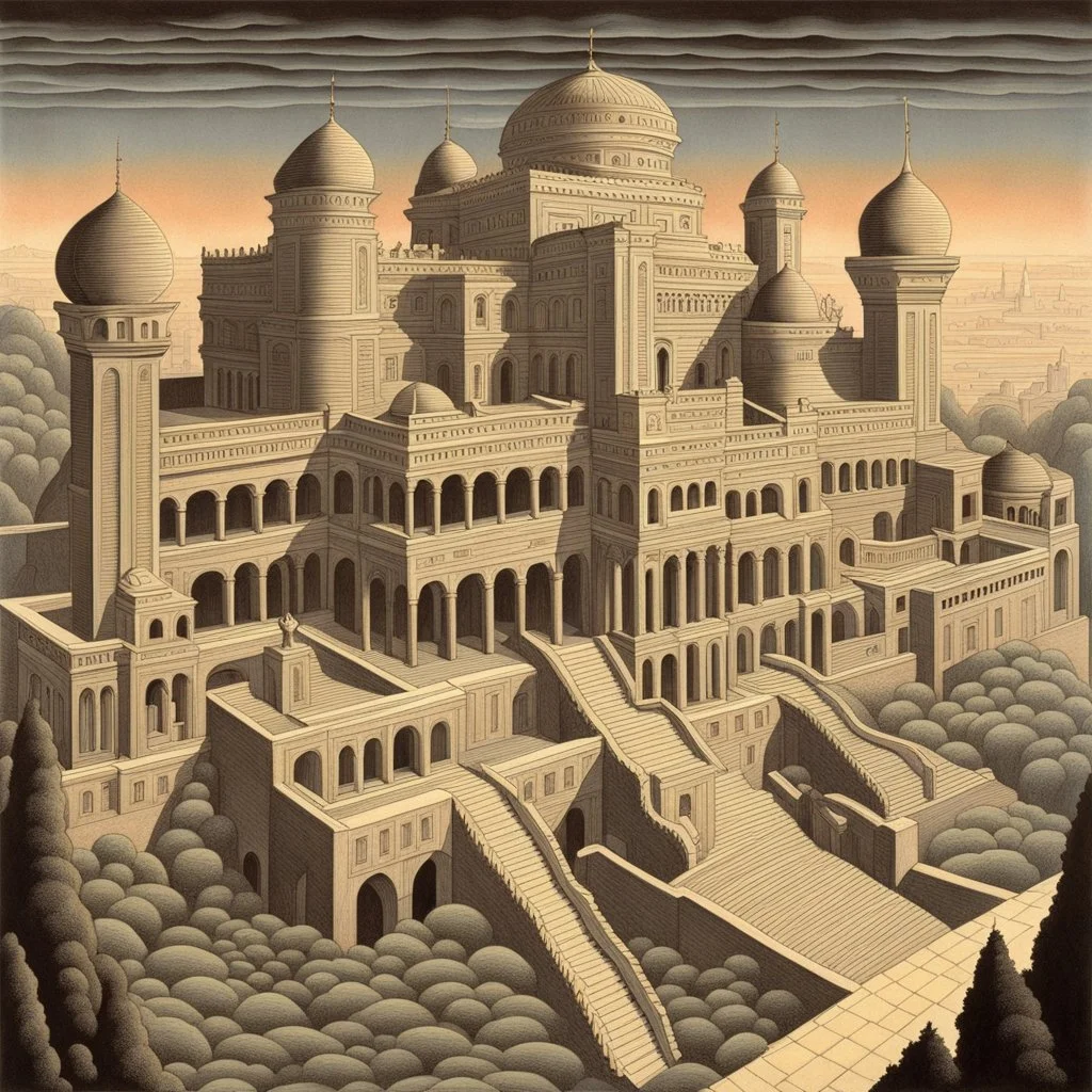 art by "Escher", painting, landscape , Feigned The Palace Beyond Good and Evil, at Dawn, Illustration, Hopeless, 70s Science Fiction, Provia, overly complex style