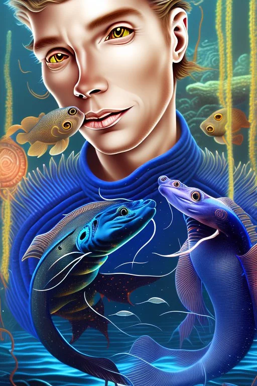 a sea monster with a human head, the body of a moray eel, fins of a fish, swims in the ocean