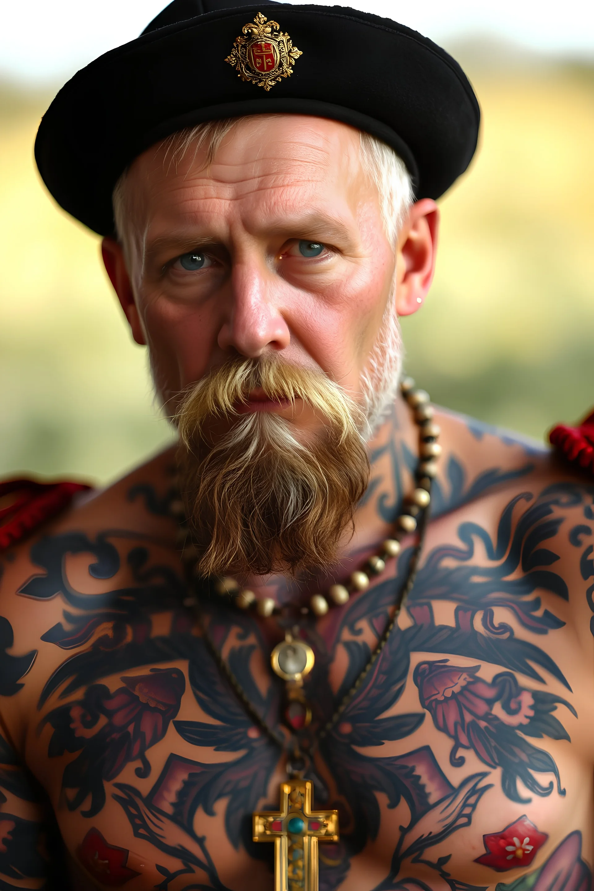 Ukrainian Cossack with tattoos on the whole body. Vyshyvanka tattoos.