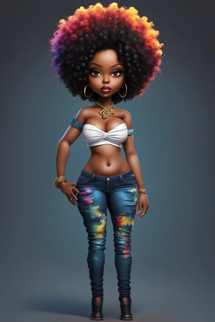 create a colorful abstract silhouette art image 8k of a chibi curvy black female wearing torn jeans pants and a black tie dye off the shoulder blouse. Prominent make up with hazel eyes. Highly detailed long tight curly afro in a hair wrap.