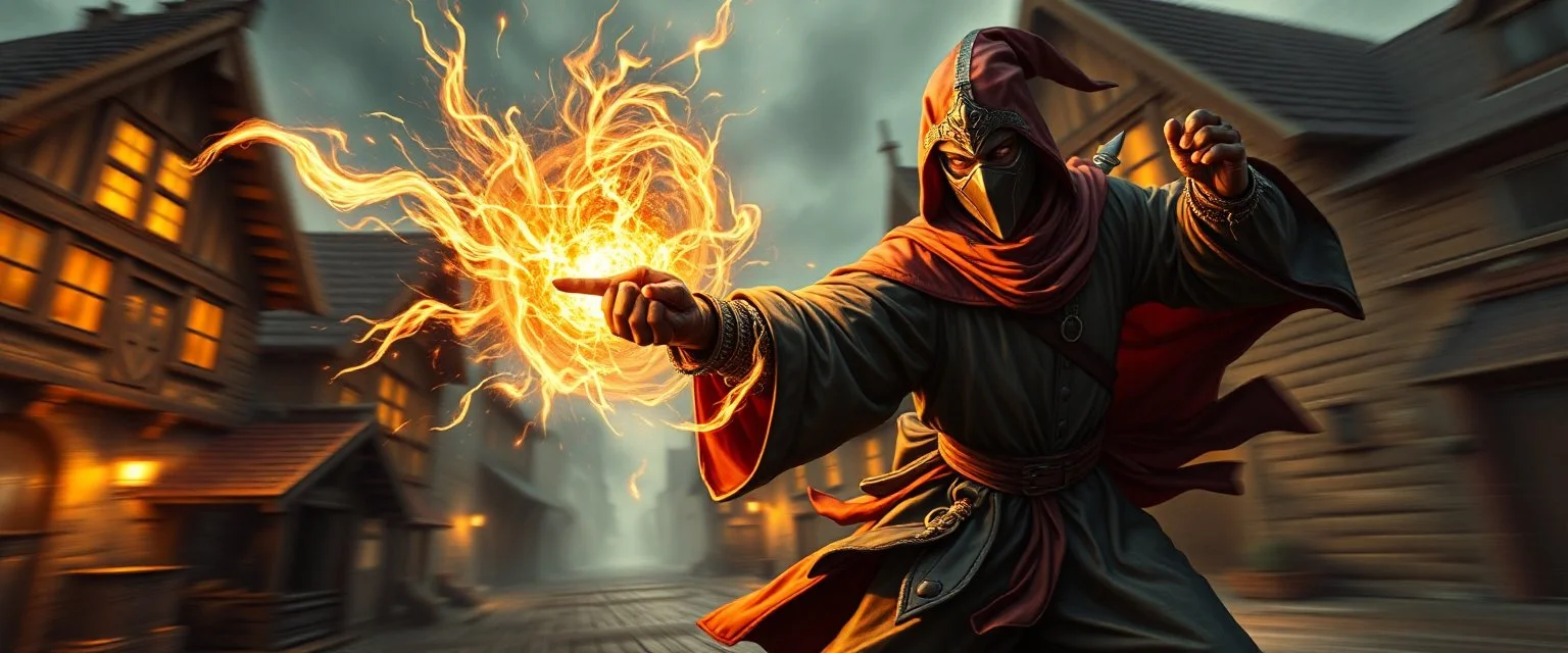 super duper mega ninja rock star fairy thief priest dungeons magician throwing a wild magic spell that performs while flying at high speed through cyber punk village, background motion blur, painted by Rembrandt